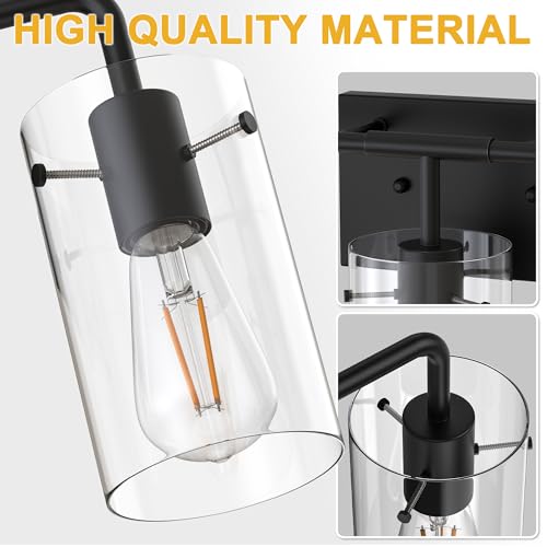 Image of L LOHAS LED 5-Light Bathroom Light Fixtures, 33.85 inch Black Bathroom Vanity Light with Straight Glass Shades, Modern Vanity Lights for Bathroom Light Fixtures Over Mirror Living Room Hallway, E26, ETL