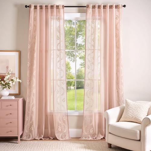 Image of jinchan Floral Sheer Curtains, Back Tab 50x96 Inch, 2 Panels Pink