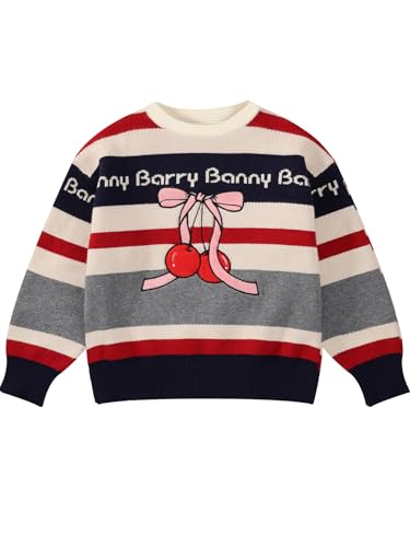 Girls Striped Sweater Crewneck Pullover with Cherry Bow Embroidery, Cute Knit Fall Winter Top for 6-16Y Kids Clothes2