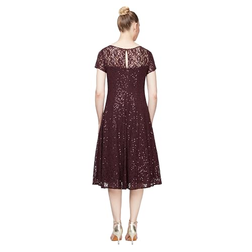 S.L. Fashions Women's Tea Length Cap Sleeve Lace A-Line Dress, Fig Sequin, 12 by S.L. Fashions - Image 2