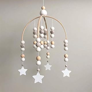 Nicole Knupfer Babybett Mobile Windspiel Rassel Spielzeug, Neugeborenen Kinderzimmer hängende Bettglocke, Holz Ornament Geschenk für Baby Mädchen oder Jungen (Grau + Sternanhänger)