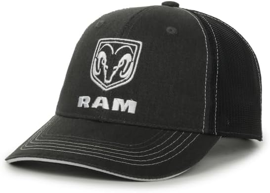 Ram Trucks Ram Logo Trucker Hat for Men – Structured Cotton Twill Baseball Cap with Mesh Back, Adjustable Snapback, Black