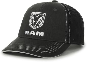 Ram Trucks Ram Logo Trucker Hat for Men Structured Cotton Twill Baseball Cap with Mesh Back, Adjustable Snapback, Black