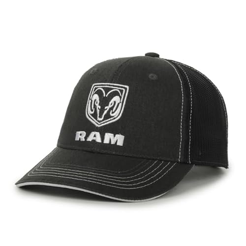 Ram Trucks Ram Logo Trucker Hat for Men – Structured Cotton Twill Baseball Cap with Mesh Back, Adjustable Snapback, Black