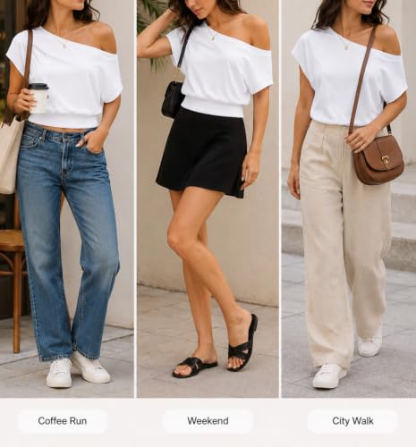 Image of SOFIA'S CHOICE Women's Off The Shoulder T Shirt Crop Top Casual Summer Dolman Sleeve Asymmetrical Cinched Waist Tops