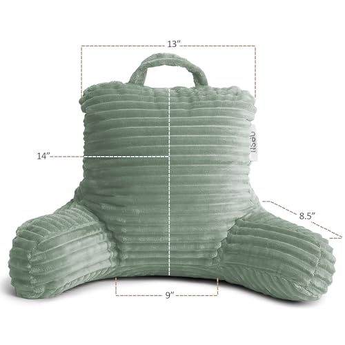 Image of Nestl Sage Green Reading Pillow with Bed Desk for Laptop and Writing, Luxe Cut Plush Back Pillow for Sitting Up, Back and Arms Adjustable Support for Kids and Teens, Foldable Lap Desk for Bed 19x11 inch