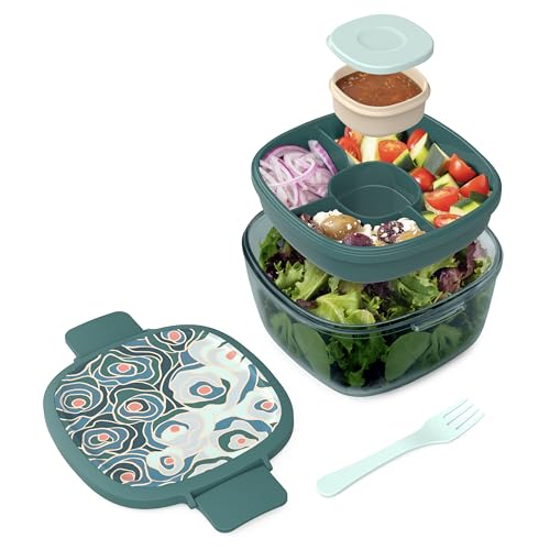 Bentgo Glass Prints Salad Container - 7.6-Cup Tinted Glass Salad Bowl with Airtight Lid Leak-Proof Sauce Container 4-Compartment Bento Meal Prep Tray & Reusable Fork (Floral Maximalist - Sea)