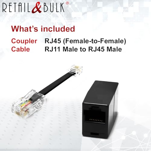 Image of 1-Pack RJ11 to RJ45 Adapter Phone Line to Ethernet - RJ45 Female to RJ11 Male for Landline, Fax, DSL Modem Connection (Black, Made in USA)