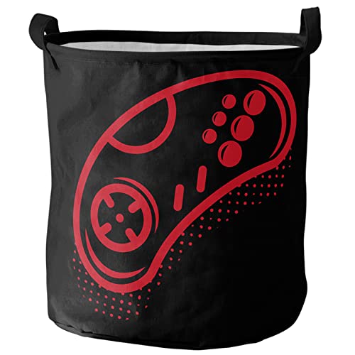 Collapsible Laundry Basket - 16.5 x 17 In Video Game Storage Bin Laundry Hamper with Handles, Red Video Game Handle Black Waterproof Clothes Baskets for Bedroom/Kids Room