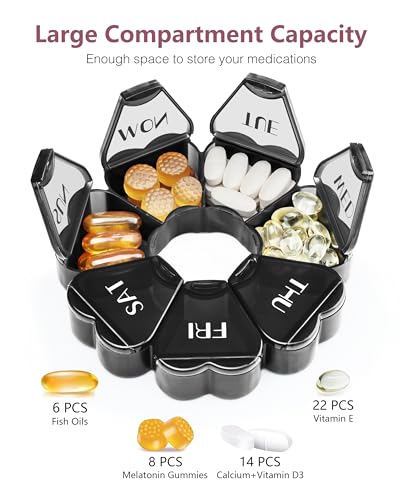 Image of MOLN HYMY Large Pill Organizer 7 Day, Pretty Weekly Pill Box Case, Girly Medicine Dispenser Container for Vitamin, Gummy, Medication, Supplement (Black)