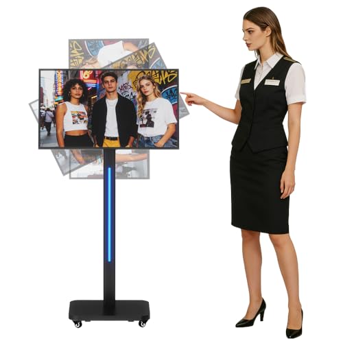 Image of 32 Inch Digital Signage Display on Wheels, Portable LCD Touch Digital Kiosk with Adjustable Rolling Stand, Phone App Control Android 14 Advertising Display Poster, Auto Media Player, HDMI /USB