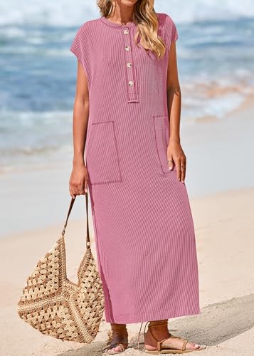 Image of KIRUNDO Womens Summer Ribbed Knit Short Sleeve Maxi Dress | 2026 Spring Henley Button Up Knitted Tshirt Dress, Loose Beach Vacation Sundress, Teacher Dress, Loose Fit Nursing Friendly