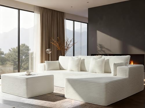 Image of 108 inch Cloud Sectional Couch, Comfort U Shaped Boneless Couch for Living Room, Extra Deep Seats No Assembly, Minimalist Modular Sofa, Corduroy (Cream, 2 Seater+Right Facing Chaise+Ottoman)