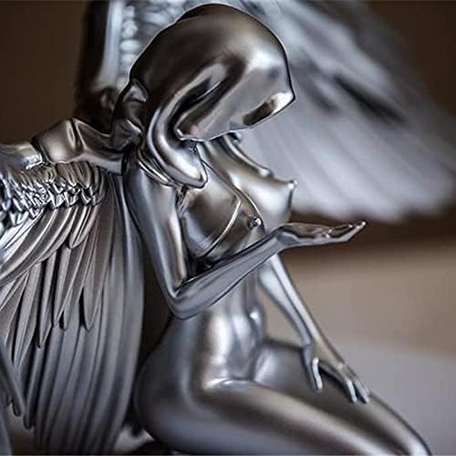 duhe189014 Art Angel Female Woman Wings Kneeling Cloak Hat - Nude Art Angel Statues and Figurines, Silver Angel Statue Home Decor, Nude Sexy Human Body Silver Resin amiable