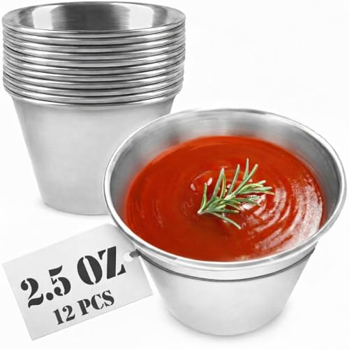 12 Pcs Dipping Sauce Cups - Metal Ramekins with Stackable Design, Sauce Ramekins 2.5 Oz 2.3