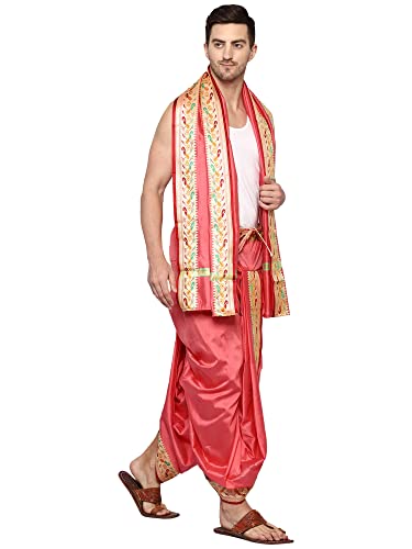 Image of Rameshwaram Fabrics Readymade Dhoti for Men, Velcro Style Stitched Mens Silk Dhoti Pant with Stole Set