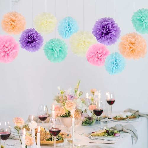 Image of BestoFun 16Pcs Pastel Party Decorations - Pom Poms, Paper Flowers for Wedding, Birthday, Engagement Receptions, Bridal Shower