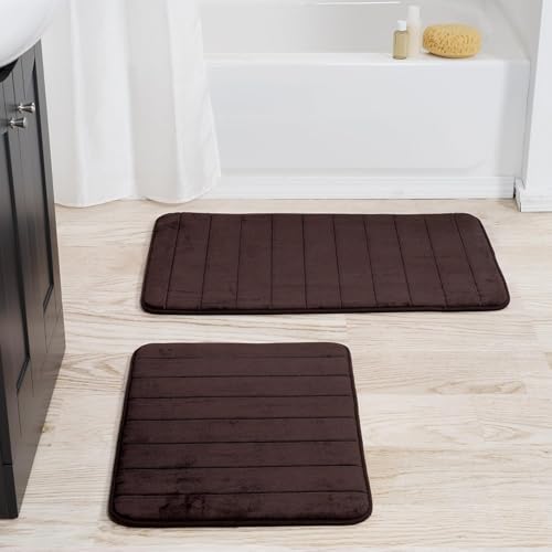 Bathroom Rug Set-2-Piece Memory Foam Bathmats-Striped Microfiber Top-Non-Slip Absorbent Runner for Shower, Tub, Sink or Kitchen by Lavish Home (Brown)