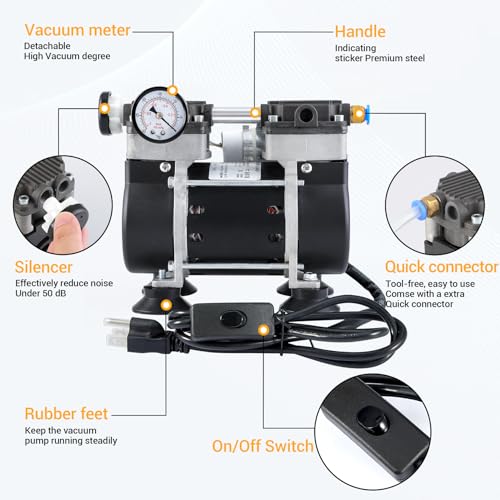 Precipette 903140296 Vacuum Pump 50L/Min With Switch, Oilless Diaphragm With Vacuum Meter & Silencer, 6M Ptfe Tape & 2M Rubber Tube, Low Noise & High Vacuum Degree, For Lab Electronics Aquarium thumb #2