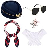 baotongle 6pcs Halloween Women Flight Attendant Costume Accessories Stewardess Outfits Hat Scarf Sunglasses Gloves (Navy Blue)