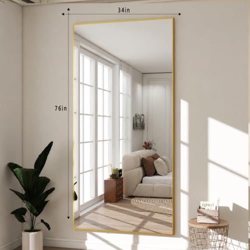 Image of BEAUTYPEAK 76 inchx34 inch Rectangle Full Body Floor Mirrors, Full Length Mirror Hanging or Leaning, Aluminum Alloy Frame Wall Mirror for Bedroom, Dressing Room, Gold