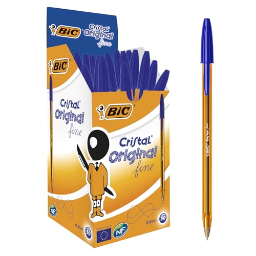 BIC Cristal Original Fine, Boligrafos Punta Fina (0.8mm), Óptimo para Uso Escolar y de Oficina, Caja de 50 Unidades, Azul