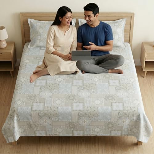 Image of Mafatlal 186 TC Metro Cotton Double Bed Bedsheet | 90x100 Inch|Soft, Breathable & Lightweight | Includes 2 Pillow Covers | Blue Walnut 1