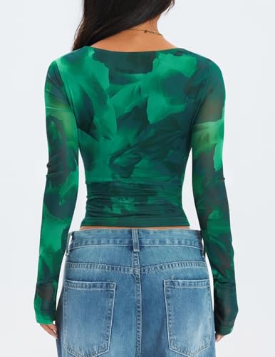 ZESICA Womens Floral Mesh Long Sleeve Tops 2025 Fall Cowl Neck Slim Fit Going Out Y2k Shirts Trendy Date Night Outfits4