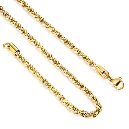 Gold Chain - 18K Gold Plated Stainless Steel Hollow Twist Rope Chains - Ion Plated Necklace for Men & Women - 16 to 18 Inches - Men's Style (3mm)