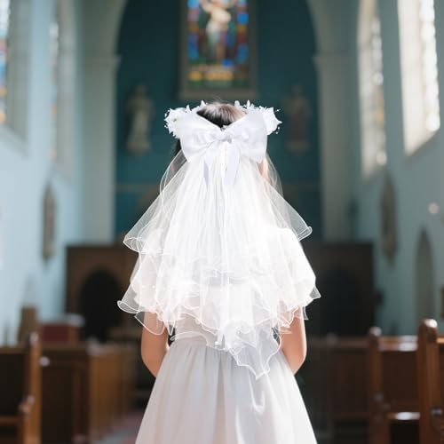 First Communion Veil and Gloves Set for Girls - Holy Catholic Veil for Girls 7-16 1st Chapel Church Communion Dress, White 7