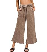 Hixiaohe Womens Casual Wide Leg Pants Baggy Acid Wash Elastic High Waist Drawstring Cropped Pants...