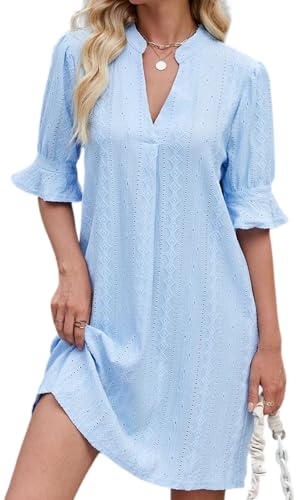 Shirts Dress for Women V Neck Short Sleeves Casual Flowy Summer Beach Vacation Shifts Light Blue X-Large