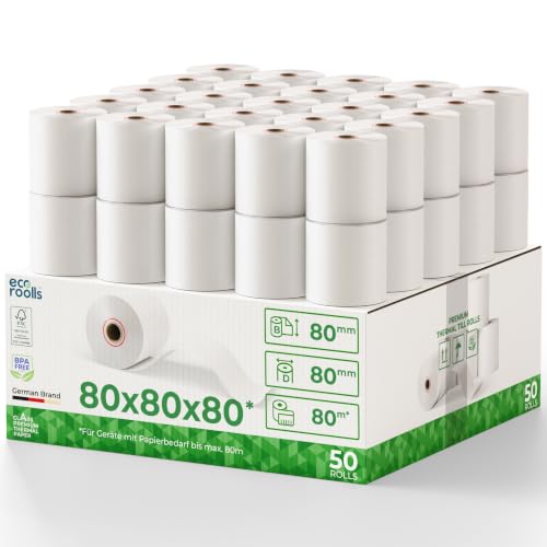 ECO ROOLLS Thermorollen 80mm x 80mm x 12mm [Für alle üblichen Kassensysteme] - Kassenrollen 80x80x12 Thermo - Bonrollen Thermopapier - Geeignet für Drucksysteme mit Papierbedarf bis 80m (50 Stk)