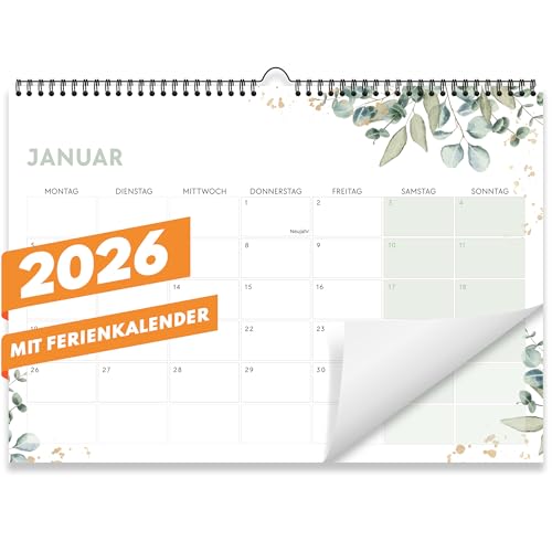 Kalender 2026 Wandkalender (Monatskalender im A4 Querformat) - Monatskalender 2026 für das ganze Jahr von Januar bis Dezember mit Ferienübersicht - Ideal als Paarkalender oder Familienplaner