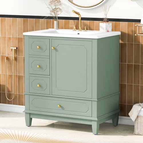 Image of Bellemave 30 inch Bathroom Vanity with Ceramic Sink & 3 Drawers, Bathroom Cabinet with Storage Shelves & Solid Wood Base, Freestanding Vanity Cabinet with Soft-Close Door with Organizer (Light Green /30)