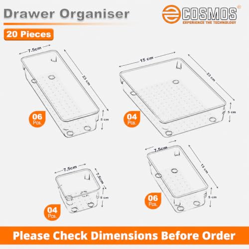 Image of E-COSMOS 20-Pack Transparent Drawer Organizers, Durable Polypropylene Storage Boxes, Multi-Purpose Divider Trays for Dressing Table, Vanity, Kitchen, and Office