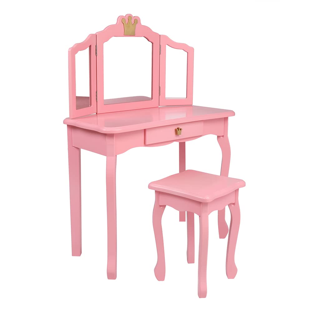 Vanity Set,ShyneeMakeup Dressing Vanity Set Wooden Princess Makeup Table with Cushioned Stool,Drawer,Wooden Legs and Mirror, Make Up Dressing Play Set for Girls (Pink Crown)