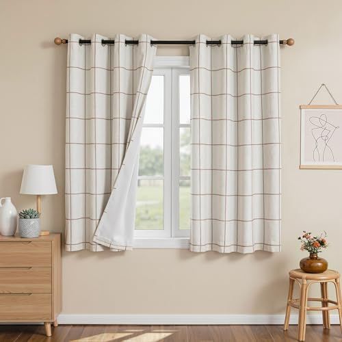 Image of MYSKY HOME 100% Blackout Plaid Linen Farmhouse Short Curtains 54 Inches Long 2 Panels Set - Double Layer Thermal Insulated Black Out Windowpane Striped Print Drapes, Wide 52 Inch Each Panel, Brown