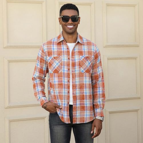 Image of WARHORSEE Flannel Shirt for Men Long Sleeve Button Down Plaid Shirts | Soft Cotton Blend for Multi-season Wear, Lightweight yet Warm, Dual buttoned storage pockets, Machine Washable Easy Care