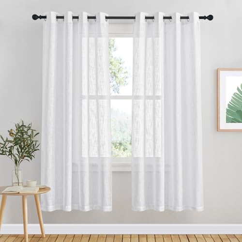 NICETOWN White Sheer Linen Curtain for Windows 63 inch Long 1 Panel, Grommet Top Semi Sheer Privacy with Light Filter Window Treatment for Living Room/Bedroom, W52 x L63