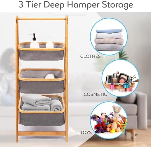 Image of Lukzer 3 Layer Foldable Bamboo Storage Rack with Fabric Baskets - Multipurpose Eco-Friendly Space-Saving Ladder Shelf Organizer for Laundry, Bathroom, Bedroom, Living Room & Closet (Grey) CH-151