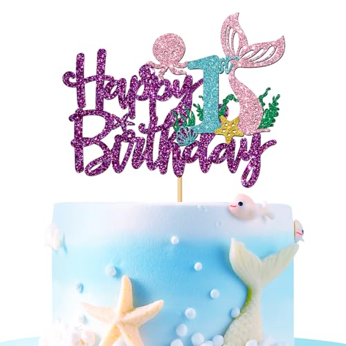 Decorazione per torta con scritta "Mermaid Happy 1st Brithday", tema Under The Sea Girl Kid One Birthday Cake Supplies/Ocean World 1st Mermaid Birthday Party Decoration – Purple Glitter