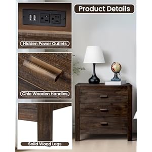 Karl home farmhouse nightstand with charging station solid pine wood 3 drawer night stands for bedroom bedside table with 2 usb ports 2 ac outlets vintage end tables brown  urban country home decor