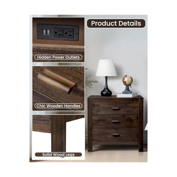 Karl home farmhouse nightstand with charging station solid pine wood 3 drawer night stands for bedroom bedside table with 2 usb ports 2 ac outlets vintage end tables brown  urban country home decor