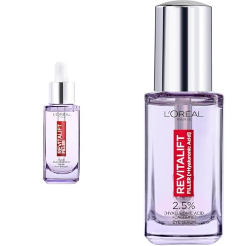 Rutina L'Oréal Paris Revitalift Filler Sérum Antiedad con Ácido Hialurónico. Hidrata, Ilumina y Rellena. 30ml + Sérum de Ojos con Ácido Hialurónico y Cafeína, Rellena Arrugas y Corrige ojeras, 20 ml