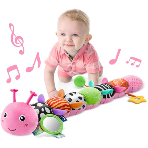 Image of LIGHTDESIRE Baby Toys Musical Caterpillar,Infant Toys Stuffed Animals with Ruler Design,Mirror,Pull String&Ring Bell,Baby Teething Toys for Tummy Time Toy Newborn Gifts 3 6 12 Months(Pink,Leafy Limb)