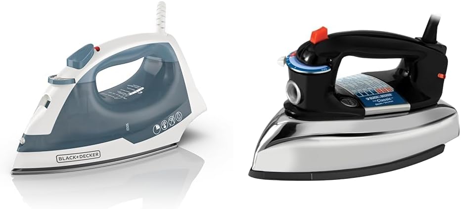 BLACK+DECKER Easy Steam Compact Iron, IR40V, Nonstick Plate, SmartSteam, Anti-Drip, Auto Shutoff & The Classic Iron, F67E-T, Aluminum Soleplate, Steam or Dry Ironing
