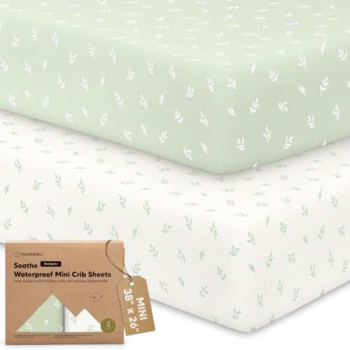 Image of 2 Pack and Play Sheets, Waterproof Mini Crib Sheets Fitted - 38x26 Organic Cotton Pack N Play Sheets for Graco Pack and Play Mattress, Playard Baby Crib Sheets, Neutral for Boy, Girl, Toddler (Herb)