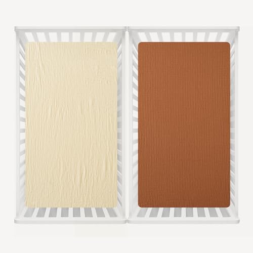 Image of david's kids Muslin Crib Sheets for Boys Girls, 2 Pack 100% Cotton Soft Breathable Fitted Baby Sheet Set, 28x52 Inch Fits Standard Crib and Toddler Mattresses, Beige & Brown