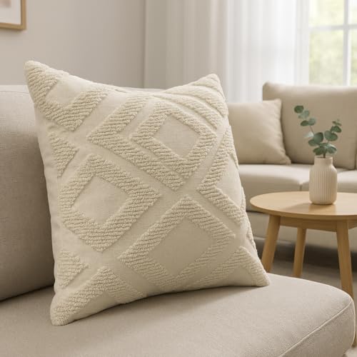 Image of Premium Cotton Cushion Cover, 20 Inch x 20 Inch, Circular Knit Neutral Textured, Square Accent, Cushion Cover Set of 5 for Living Room, Sofa (Diamond-2)